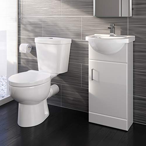 iBathUK Vanity Unit Furniture Set Cloakroom Wash Basin Bathroom Sink Soft Close Toilet Seat Dual Flush Quartz Closed Coupled Toilet Set-Gloss White (Flat Pack)