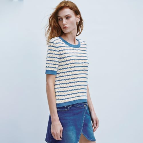 Image of URBAN REVIVO Women's Short Sleeve Sweaters Crewneck Knit Tops Casual Striped 2025 Trendy Soft Summer Blouses