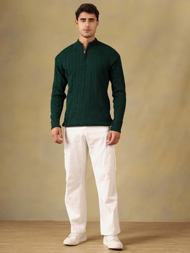 Image of Kvetoo Men's Wool High Neck Zipper Sweater, Full Sleeve Cable Knit Quarter Zip Winter Pullover
