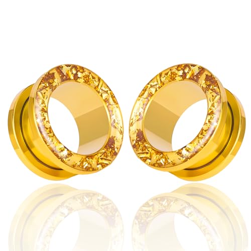 Vankula Dilataciones Orejas 1 Pare Tunnels Plugs Expansaor Doble Acampanados Purpurina de acero inoxidable Oreja piercing Lóbulos dilatados de joyería para Mujer Hombre 10mm(00G) Oro