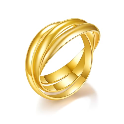 MINDDHA Water Proof No Tarnish Rings| Fidget Stacking Anxiety Interlocking Triple Row | Gold Color | Rings for Women - 3mm Each Band Size 10