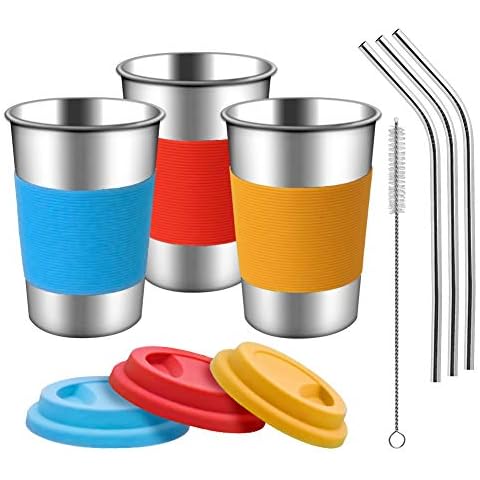 Aogolouk Stainless Steel Cups with Silicone Lids, Sleeves and Stainless Steel Straws | 3 Pack 16 oz. Drinking Tumblers Cups for Toddlers, Kids and Adults | Eco-Friendly | BPA-Free Cover