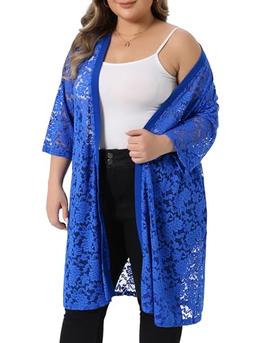 Image of Agnes Orinda Women Plus Size Lace Cardigan 3 /4 Sleeve Cover Up Jacket | Lightweight Crochet Contrast Panel Open Front Kimonos Casual Weddiing Cocktails Party