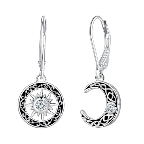 Micory Pendientes Sol y Luna Mujer Plata de ley 925 Pendientes Colgantes con 3A Circonia Cúbica, Regalos de Joyería Hipoalergénica de Plata para Mujeres
