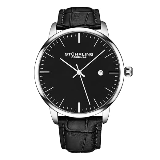 Stuhrling Original Relógio masculino preto com pulseira de couro de bezerro, clássico, relógio de pulso minimalista, mostrador analógico com data, relógio preto masculino, Preto, prata,