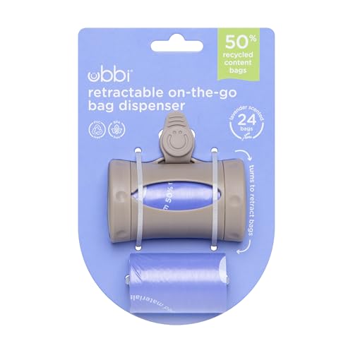 Image of Ubbi Retractable On-the-Go Bag Dispenser for Baby Travel, Diaper Bag Accessory Must Have for Newborns, Helpful Baby Accessory, Taupe (Pack of 5)