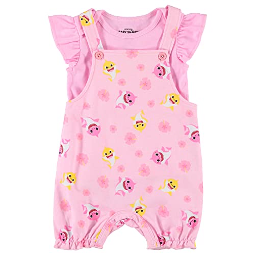 Baby Shark Newborn Infant Baby Yoda Girls' Shortall Romper and Tshirt Set (Pink/Yellow, 18 Months)