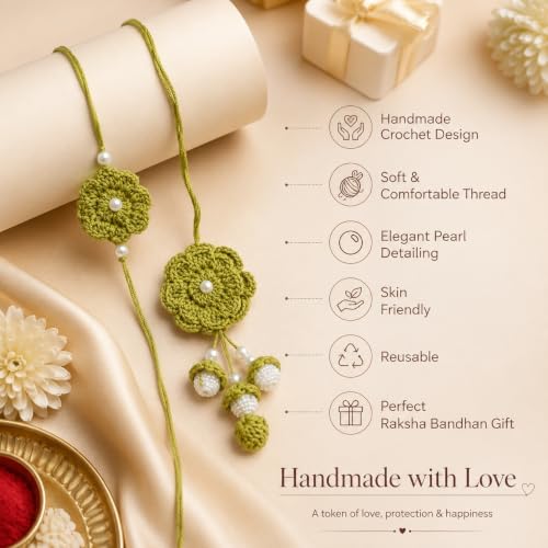 Image of Handmade Crochet Green Flower Rakhi for Brother | Premium Cotton Thread Floral Designer Rakhi with Pearl Beads | Soft Skin-Friendly Lightweight Raksha Bandhan | Traditional Handcrafted Gift