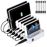 PRITEK Charging Station Dock & Organizer Compatible with Cellphone Tablet & Other Gadget 6-Port USB Charger Station & Docking Station with Charging Status Indicator include 6pcs cable (Silver)