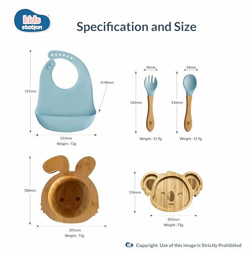 Image of Kids Station Koala Design 5-Piece Silicone Feeding Set for Babies | BPA-Free, Includes Suction Plate, Bowl, Spoon, Fork & Bib | Ideal for Infants & Toddlers (Set of 5 Koala Feeding Set, Blue)