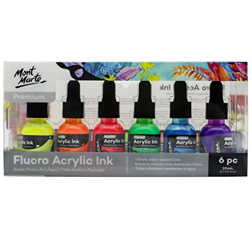 Mont Marte Acrylic Ink Premium 6pc x 20ml (0.7 US fl.oz), Acrylic Inks for Artists Fluoro Colours