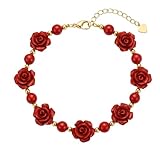 MLEPUS Red Rose Flower Link Charm Bracelets for Women Vintage Floral Adjustable Beaded Coral Bracelet Fashion Accessories Valentine's Day Mother's Day Anniversary Christmas Holiday Party Jewelry