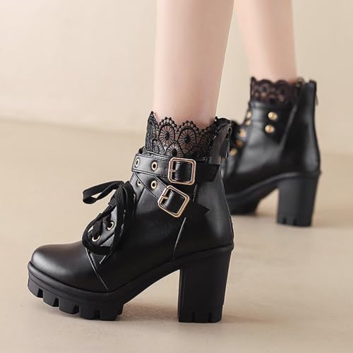 MEOTINA Goth Platform Boots Lace Buckle Gothic Cosplay Booties Chunky High Heels Ankle Boots Zipper Punk Shoes2