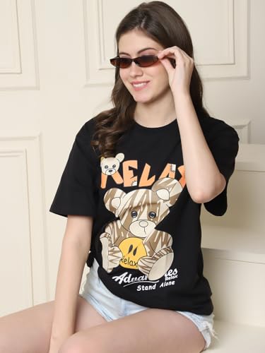 Image of Preneum Women's Cotton Cool Graphic Printed Baggy Fit Drop-Shoulder Sleeves Cotton Oversized T-Shirt