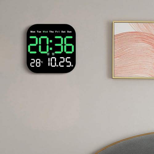 Image of 15-Inch Digital Wall Clock with Large LED Display - Remote Control, Auto-Dimming, Night Light, Date, Day, Temperature, DST Function - Ideal for Living Room, Bedroom (Square 9 inch Green)