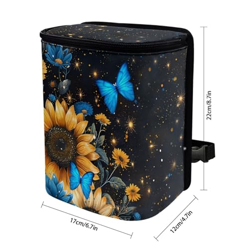 Image of Sunflower Auto Car Trash Can Hanging Car Garbage Bag with Lid Washable Leak Proof Car Trash Bin Hanging for Front Back Seat,Blue Butterfly Sunflower Vehicle Rubbish Bin