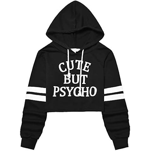 Perfashion Women's Cropped Hoodies Stripe Long Sleeve Loose Crop Tops Sweatshirt (Small, Black) Cover