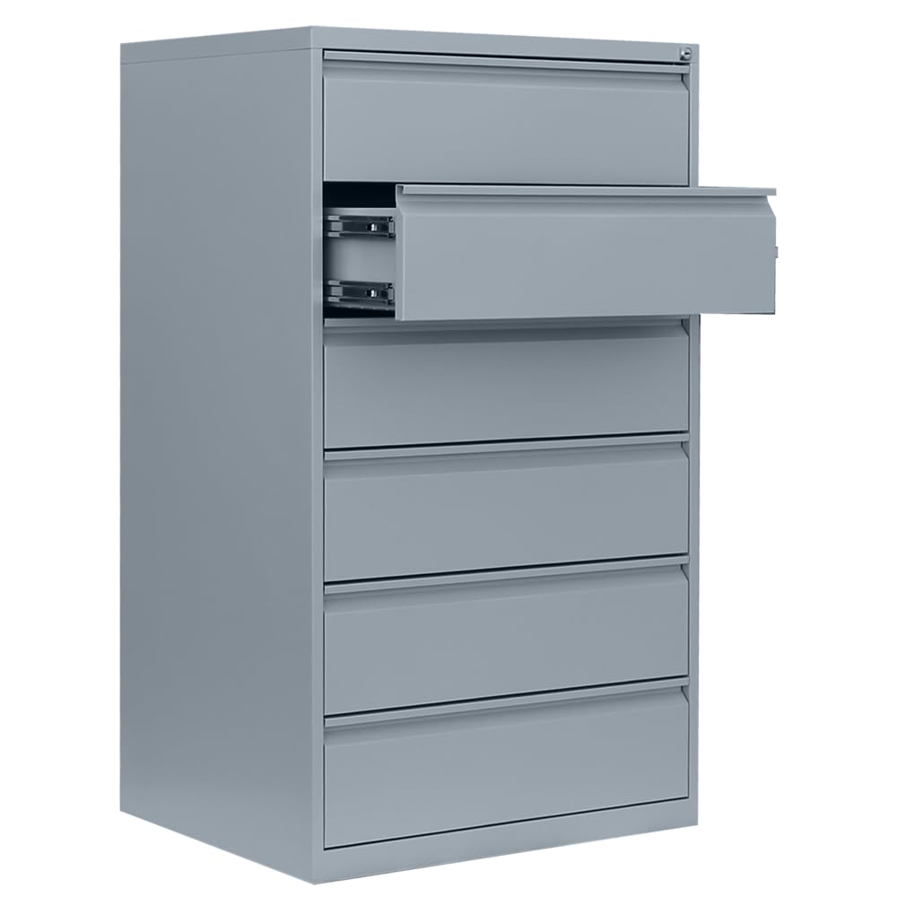 Lüllmann Karteischrank komplett montiert Karteikartenschrank DIN A5 6 Schubladen quer 132x76x62cm (HxBxT) dreibahnig grau 565630