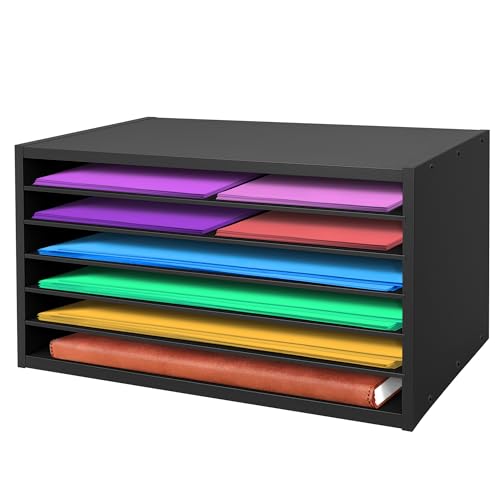 PROLEE Construction Paper Organizer 20" x 13.5" x12.2",Soild Wooden Paper Organizer with 6-Tier Letter Trays, Desktop File Papers Sorter for Home, Classroom and Office (Black)