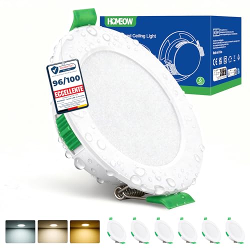HOMEOW 6x Faretti Led da Incasso per Cartongesso, 5W 220V Faretti Led Soffitto Incasso, Caldo 2700K Neutro 4000K Freddo 6000K, IP44 Faretto per Bagno Cucina, foro 68-80mm