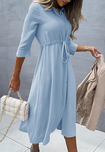 Image of Febriajuce Women's 3 /4 Sleeve Midi Dress Casual Drawstring Belted Round Neck Plain Tie Waist Loose High Waist Long Dress