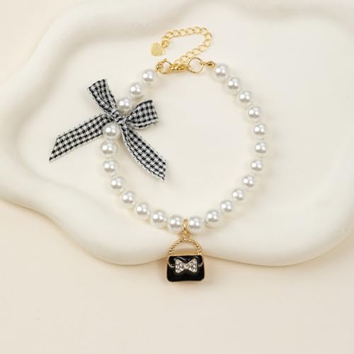 Wag&Wink ペット 首輪 犬 猫 可愛い 調節可能 パール 蝶結び 黒 ピンク S/M/Lサイズ 日常 おしゃれ プレゼント 軽量 安全 高級 典雅 (ブラックの蝶結び, S)