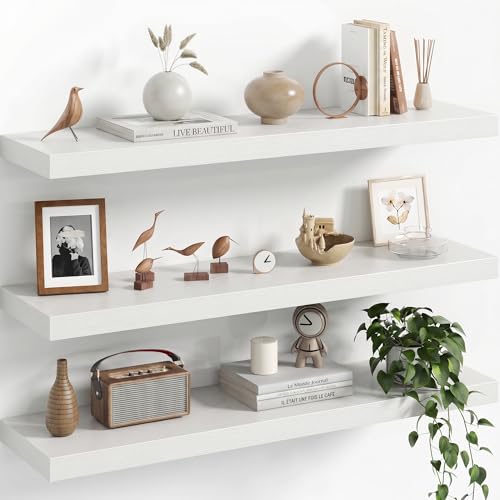 Image of Fun Memories 32Inch Floating Shelves for Wall, 8 Inch Deep Shelves for Bathroom|Bedroom|Kitchen Wall Mounted, Wood Hanging Shelf with Invisible Brackets for Home Storage Decor, White - 3 Pack
