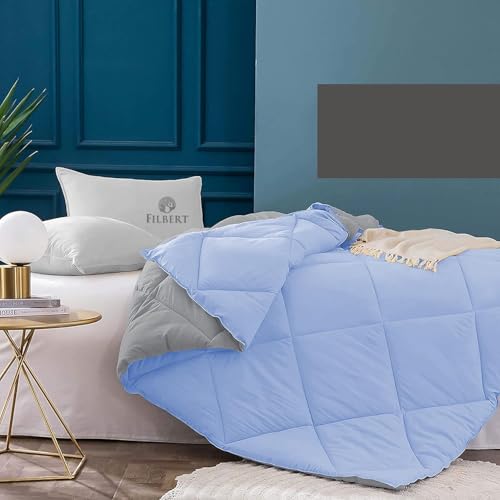 Image of Filbert 600 GSM Comforter for Single Bed | Super Warm Winter Quilt /Rajai | Thick Microfiber Blanket with Cloud-Soft Fill | Luxury Bedding for Winters - 60x90 Inch | Silver /Sky Blue