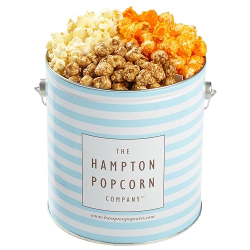 3 Flavor, 1 Gallon Blue & White Stripe Gourmet Popcorn Tin, Butter, Caramel & Orange Cheddar Cheese,...