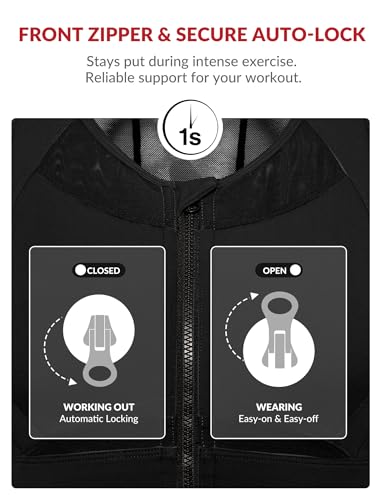 Image of Yvette Women's Sports Bra Front Zipper High Impact Support Mesh Racerback | Plus Size Friendly,Sewn-in Pads Stay Put,Wirefree & Supportive,Breathable,Secure Zip Closure,For Large Bust,Running,Gym,HIIT