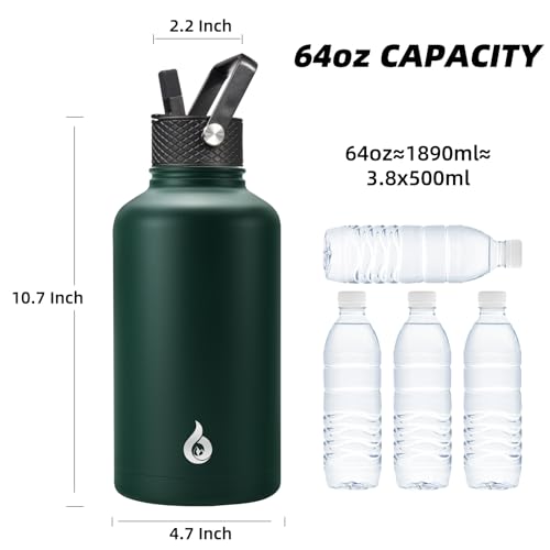 Image of BJPKPK Half Gallon Insulated Water Bottles with Straw Lid, 64oz Large Water Jug, Stainless Steel Bottles with 3 Lids and Paracord Handle, Thermo for Hot & Cold Liquid, Army Green