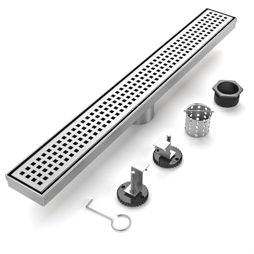 24-Inch Brushed Nickel Linear Shower Drain, 304 Stainless Steel Long Linear Drain with Quadrato Pattern Grate, Rectangle Shower Floor Drain with Adjustable Feet, Hair Strainer, Fits Bathroom, Balcony