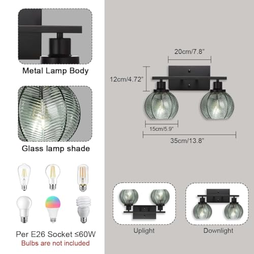 Image of Set of 2 Wall Sconces for Bathroom Modern Vanity Light Fixtures 2-Light Black Wall Sconce with Green Glass Shade Farmhouse Wall Lights for Bedroom Living Room