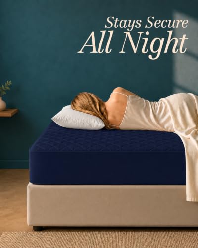 Image of Quilted Fitted Mattress Pad, Twin Mattress Protector Topper with Deep Pocket Stretches up to 16 Inches, Machine Washable Mattress Cover by Utopia Bedding (Navy)