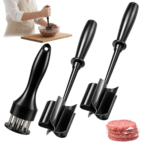 3-teiliges Set Hackfleisch Zerkleinerer für Fleisch und Hähnchen Küchenutensilien mit Kartoffelstampfer Schwarz 16-Nadel Handheld Fleischzartmacher für Kochbedarf