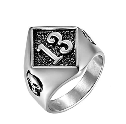 OAKKY Vendimia Diablo Cráneo Malvado Suerte Número 13 Anillo Hombre Acero Inoxidable Rock Hip Hop Gótico Motorista Estrecho Plata Tamaño 22 Cover