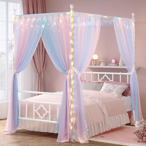 Homkdom Canopy Bed Frame with Storage Headboard, Full Size Bed Frame with 4 Removable Posts, Sturdy Metal Platform with Under-Bed Storage, Dual Purpose Bed Frame, No Box Spring Needed, White