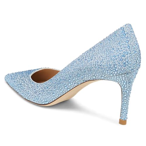 FOWT Women Rhinestone Studded Pointed Toe Pumps Slip on Kitten Mid Heels Wedding Party Evening Shoes Size 4-16 US2