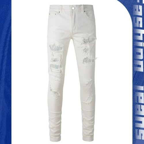 Jeans Pants Trousers Denim Men Stretch Slim Fit Street Trendy White Piercing Worn Hole Zircon Sparkle Hairy Edge Tassel Personalized Casual Small Foot(White,32)2