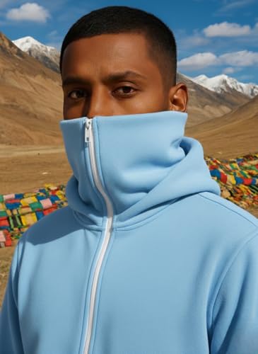 Image of Koverify Plain Cotton Hooded Neck with Mask Stylish Balaclava Zipper Hoodie