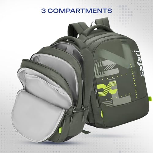 Image of Safari Aether 3 37L Casual Printed Laptop Backpack, school bag for boys and girls, college bag, office bag, travel bag for men and women, 3 compartments, Raincover, Bottle holder, Color- Olive