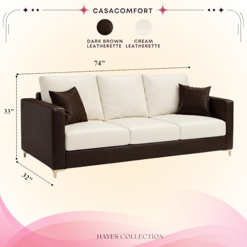 Image of Hayes Dual Tone Premium Leatherette 3 Seater Sofa | Golden Aesthetic Legs | Spacious Soft Touch Comfort Seating | Modern Sofa for Living Room (Brown & Cream)