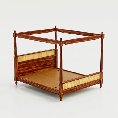 Image of Sheesham Wood Poster Bed Queen Size | Solid Wood Poster Bed Cot Wooden Double Bed Furniture for Bedroom Home and Hotel | Wooden Palang Divan (Natural Finish)