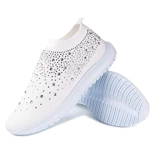 Angrymonkey Women's Rhinestones Mesh Sport Slip-On Shoes,Non Slip Good Arch Breathable Lightweight Casual Sock Sneaker Nurse Shoes (10.5,White,10.5) #TOP23