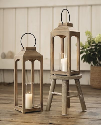 2X Laterne Wood aus Holz, 38 + 48 cm hoch, Bodenlaterne, Kerzenlaterne, Holzlaterne, Windlicht
