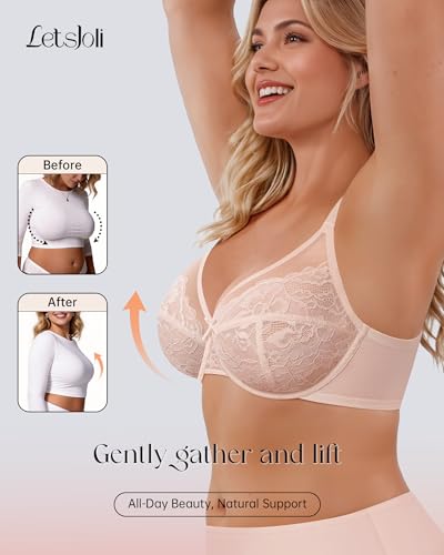 Image of LetsJoli Minimizer Bras for Women Full Coverage Lace Underwire Plus Size | Supportive Bras for Older Women, Unlined Cup, Cool Soft Comfort, Tshirt Everyday Bra, Sexy