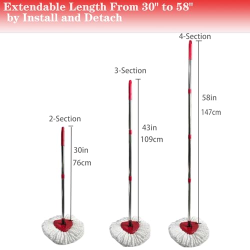 Image of Spin Mop Replacement Handle, 4-Section 30-to-58 inch Mop Replacement Stick Compatible with Ocedar Mop Handle for Easy Wring Mop Refills, Germany Screw Joint (Red 2 Pack)