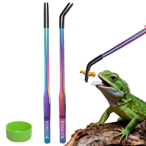 sonluk 3 PACK Stainless Steel Reptile Feeding Tongs 10.62 Straight &Curved Long Feeding Tweezers&Bowl Set Non Slip Feeding Tools with Rubber Tip Bearded Dragon Tank Accessories (A-colorful)