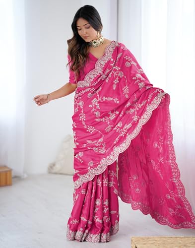 Image of SIRIL Women's Satin Embroidery And Scalloped Border Saree With Unstitched Blouse Piece