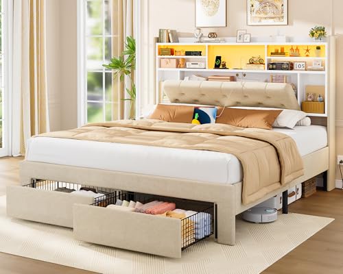 Image of TEENFON Queen Bed Frame with Headboard and 2 Drawers Storage, Bed Frame Queen Size Built in LED Lights and Charging Station, Sturdy & Noise-Free Upholstered Platform Metal Bed, Beige